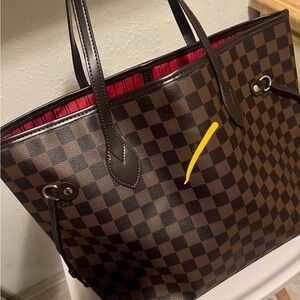 Brown Checkered Tote Bag with Red Interior